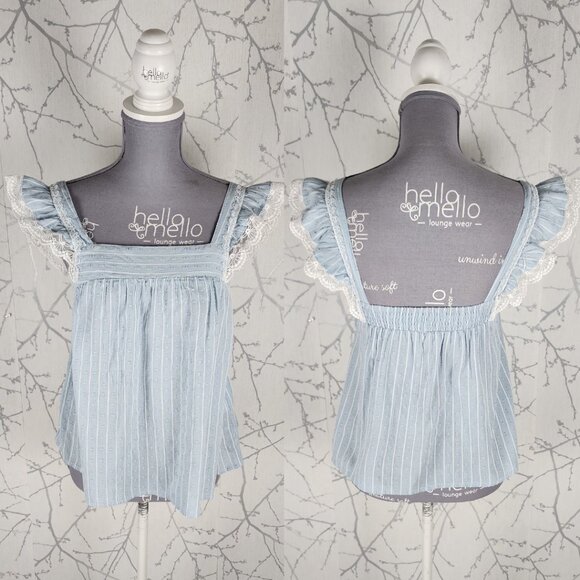 Axara Paris Blue Stripe Square Neck Ruffle Cap Sleeve Top - Picture 1 of 3